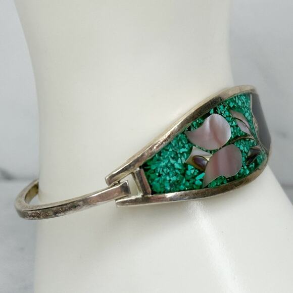 Vintage Alpaca Mexico Mother of Pearl Shell Flower Inlay Bangle - Picture 9 of 9
